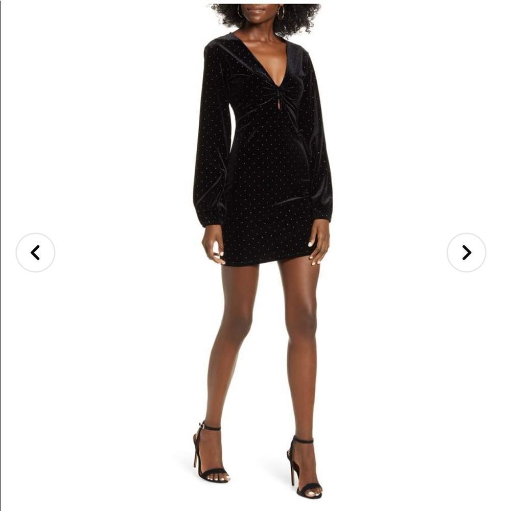 Leith Black Velour Studded Long Sleeved Ruched Mini Dress Size S